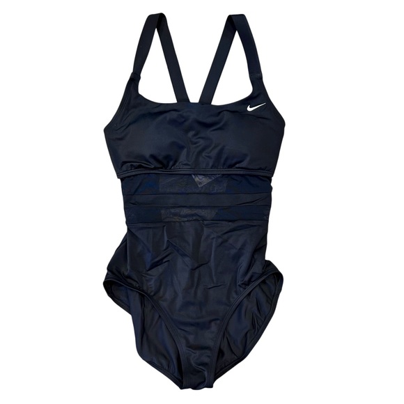 NWT NIKE LARGE BLACK ONE PIECE SWIMSUIT SWIMWEAR MESH ON TORSO - Picture 1 of 8